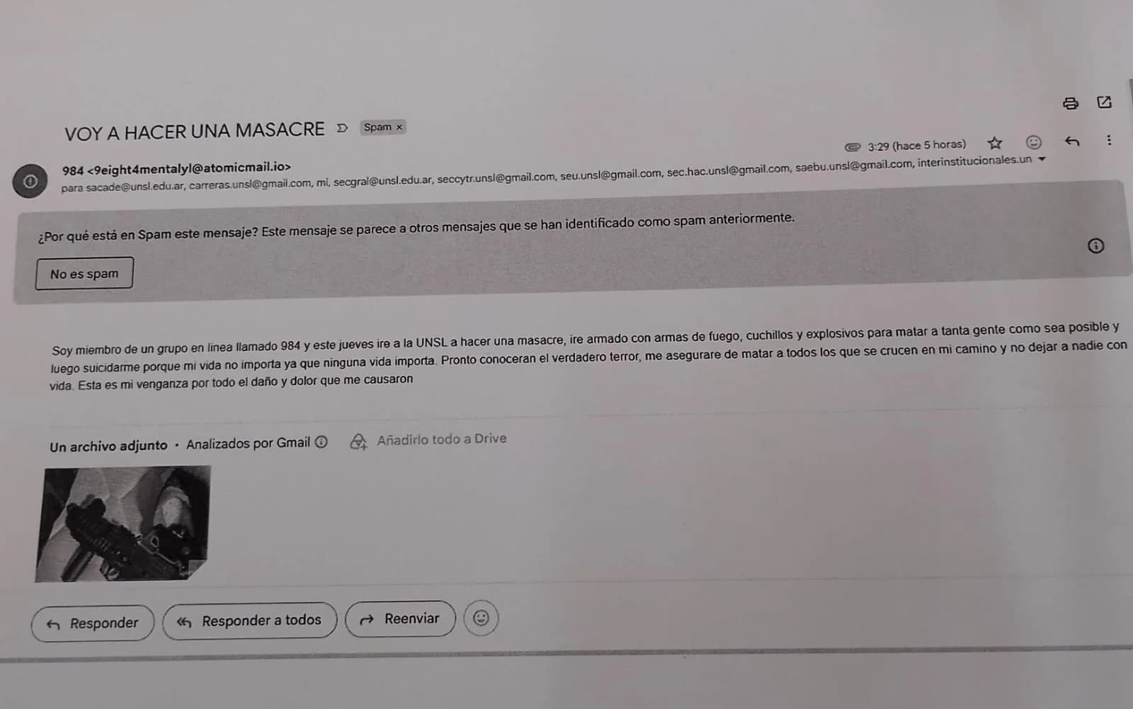 Evacuaron de urgencia la Universidad Nacional de San Luis por una grave amenaza de masacre enviada por correo electrónico